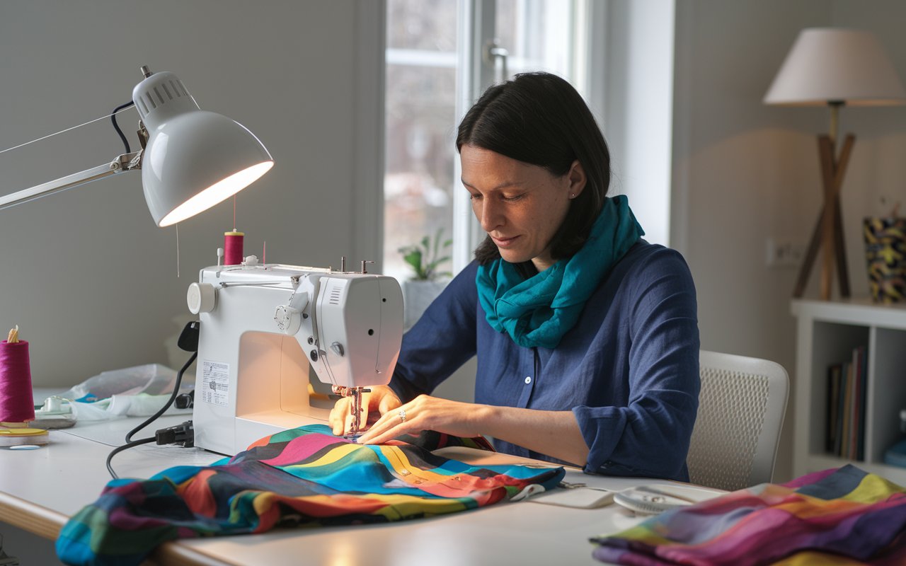 woman sewing at a sewing machine making a pillow cover
