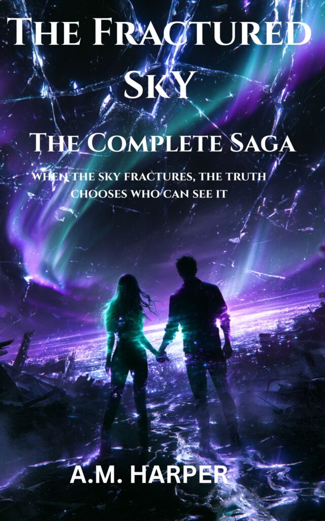 Book cover: two figures holding hands, standing before a fractured glass sky with aurora lights; title 'The Fractured Sky' and subtitle 'The Complete Saga' by A.M. Harper.