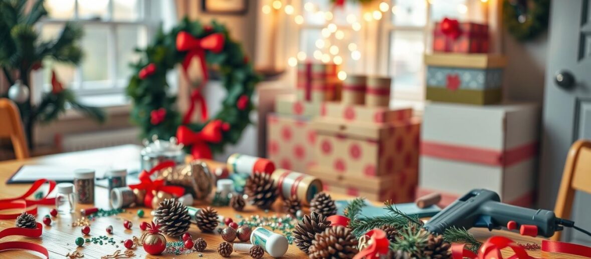 Craft table for Christmas with pinecones, ribbons, ornaments, and a hot glue gun; gift boxes in the background.