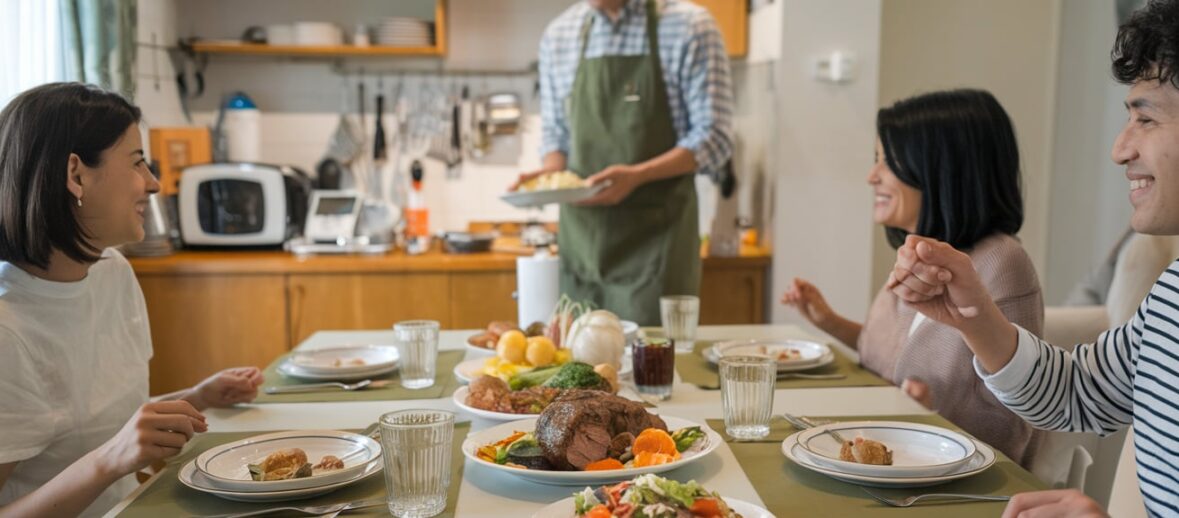 An adult is serving dinner