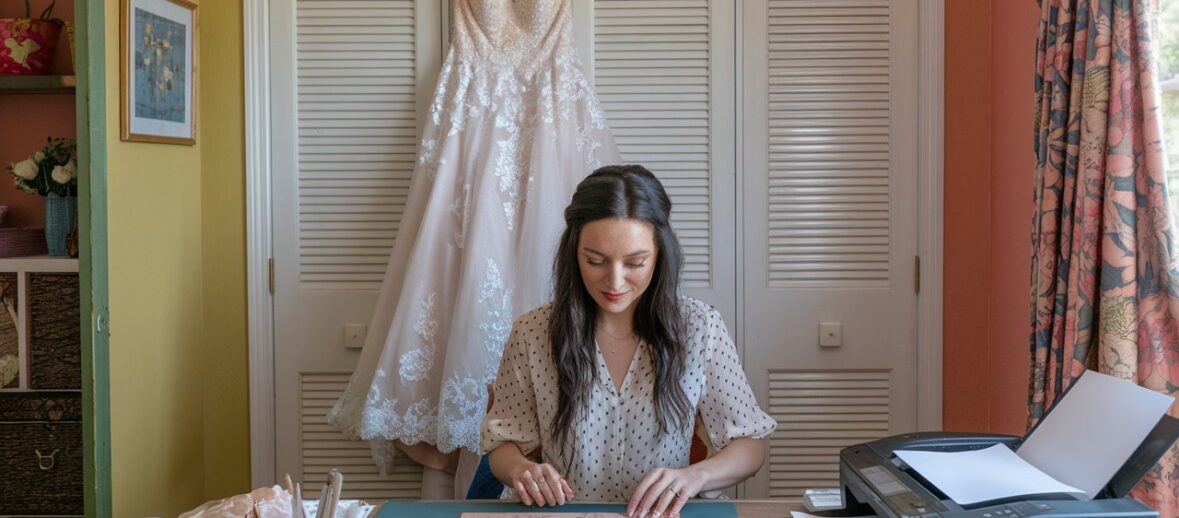 Woman making her own wedding invitations