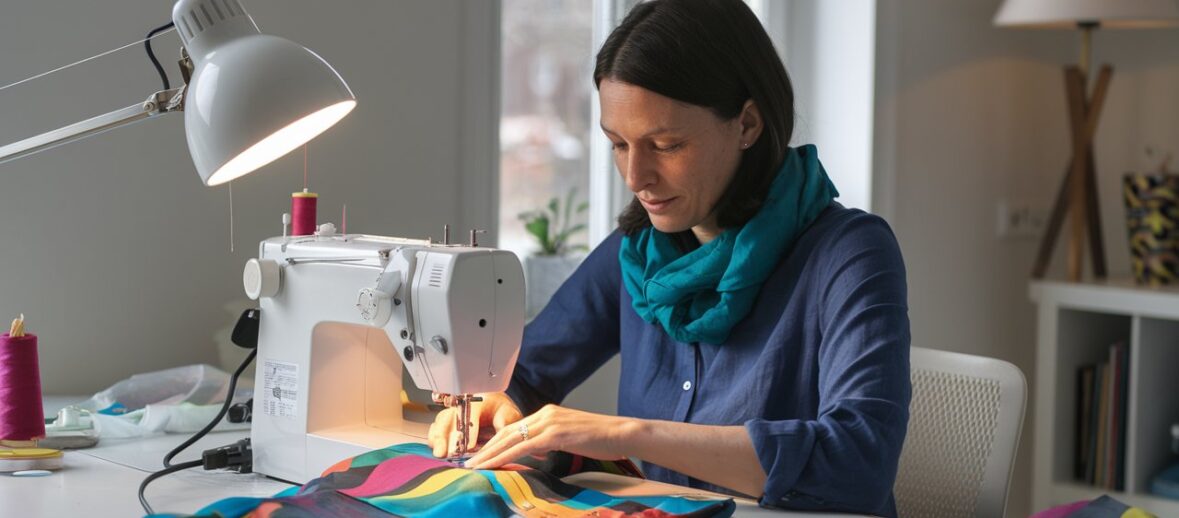 woman sewing at a sewing machine making a pillow cover